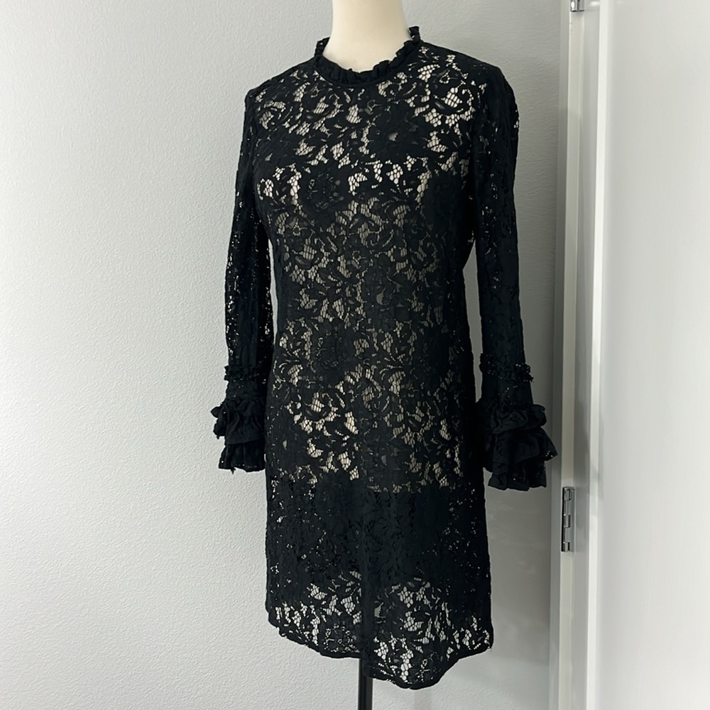 Who What Wear Medium Black Lace Sheer Long Ruffle Sleeve High Neck Dress - Picture 3 of 10